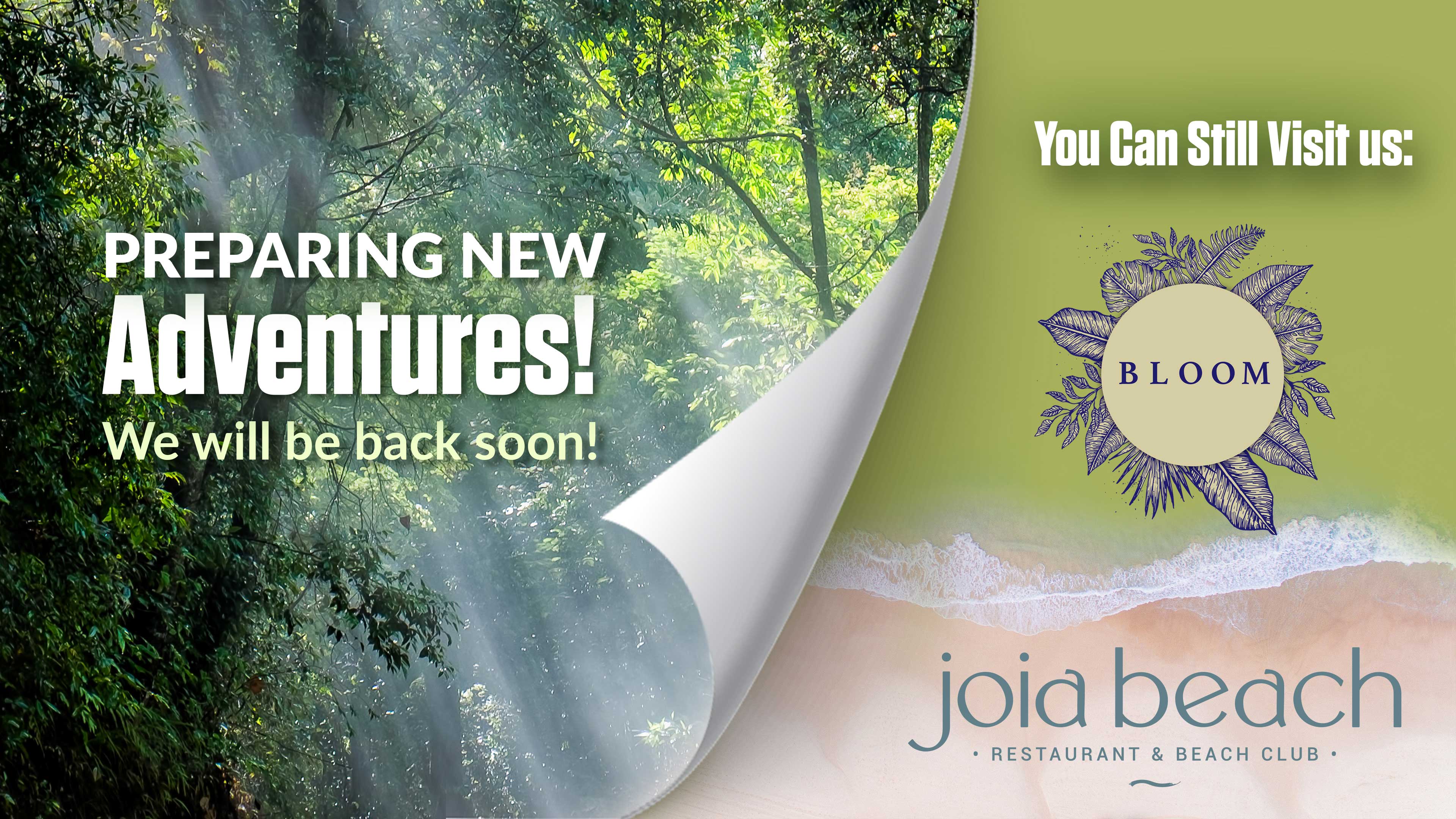 Preparing New Adventures! Creating new experiences, we will be back soon! You can still visit us at Joia Beach!